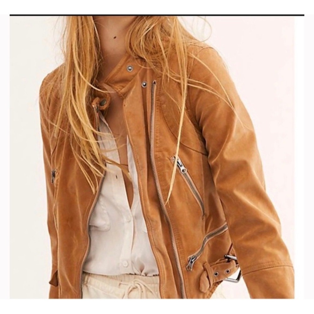064 Free People We The Free Faux Leather Moto Jacket Camel Brown Quilted Zip Sm